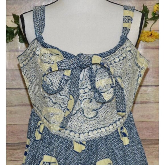 Hand Made Blue & Beige Nautical Coastal Sundress Size L Embroidered Bird Pattern - Picture 5 of 14